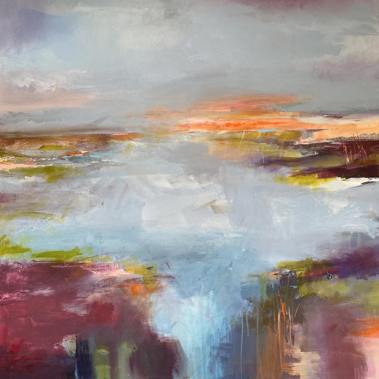 Large painting by Tracey Ross Artist of beach with a pink blue sky and sunset colours.