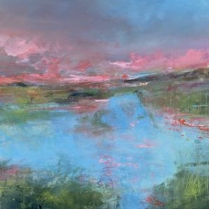 A painting of a sunrise over the sea.